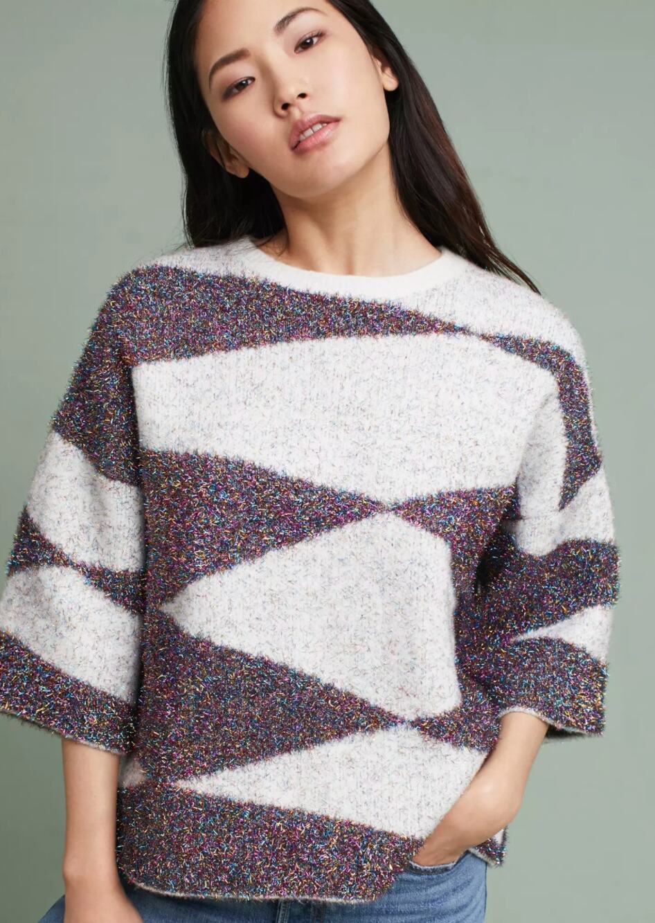 Anthropologie Moth Sparkle Geo Sweater XS Metallic Striped Cozy Soft Knit Boxy